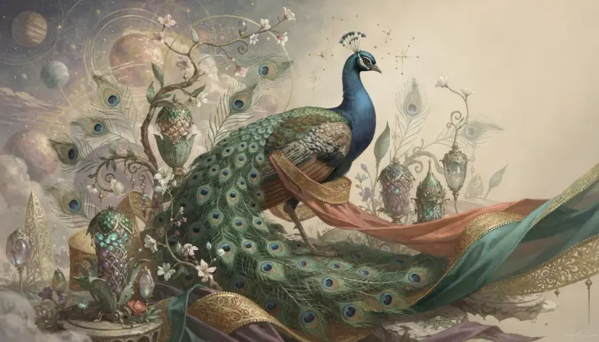 A majestic peacock, symbolizing beauty and royalty, stands amidst celestial clouds, ornate lanterns, and blooming branches.