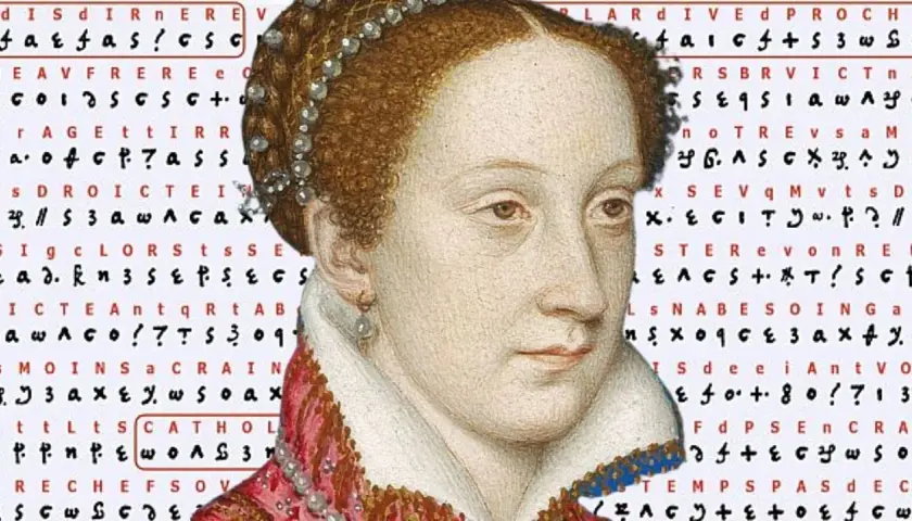 A portrait of Mary, Queen of Scots, with a background of cryptic text, hinting at her complex life and secrets.