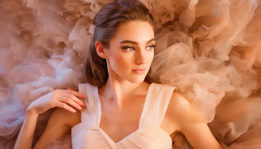 A beautiful woman in a flowing gown, captured in a dreamy fine art portrait photography style, surrounded by soft, ethereal fabric.
