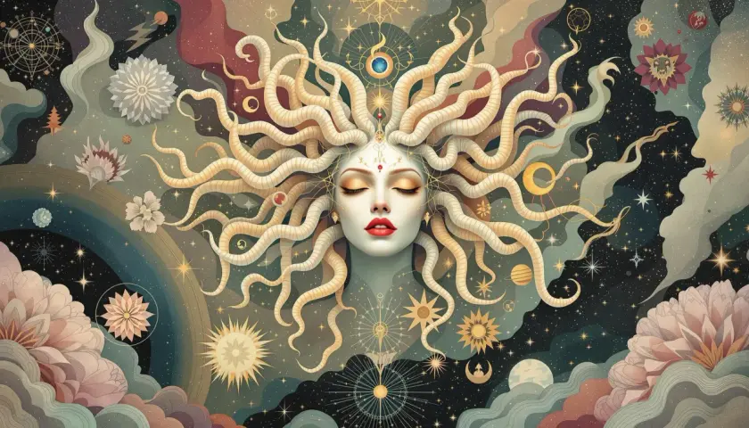 A celestial Medusa, a stunning piece of Greek mythology art, with serpentine hair swirling amidst stars and cosmic flowers.