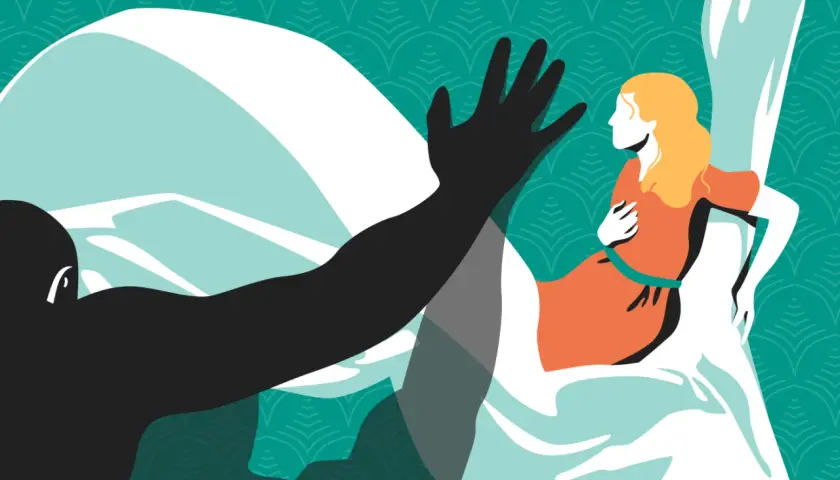 A dark silhouette of Othello reaches out, his hand a shadow over the pale figure of Desdemona, who looks away in distress.