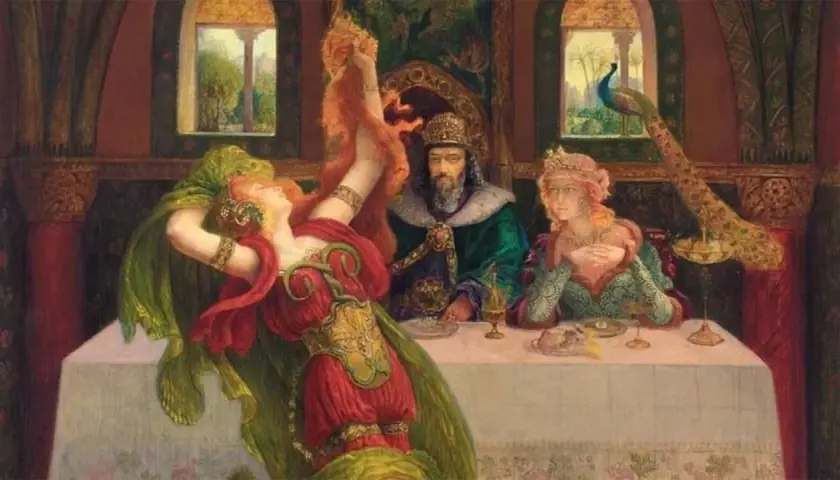 Salome dancing before Herod, her red dress and green veil swirling. Herod and his wife watch, a peacock nearby.