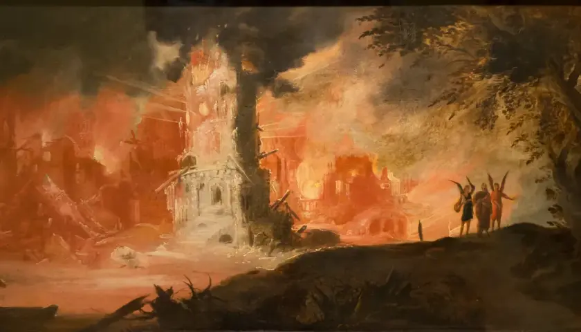 Painting of the destruction of Sodom and Gomorrah. Angels watch as fire engulfs the city, leaving behind ruins and smoke.