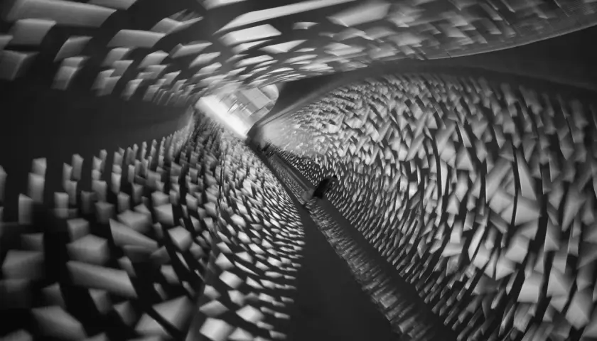 Abstract tunnel with light patterns. This is photography in art, capturing motion and form in a dynamic, dreamlike way.