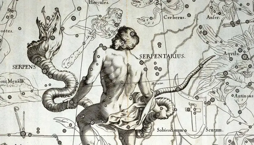 An antique celestial map depicts Serpentarius wrestling a serpent, surrounded by other medieval zodiac signs like Hercules and Aquila.