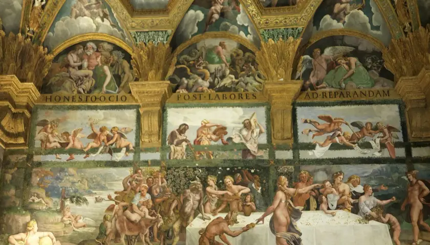 A grand fresco depicting the fall of the giants, with gods battling monstrous figures amidst clouds and celestial scenes.