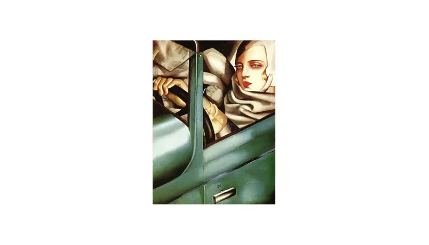 A striking self-portrait of a woman driving a sleek, green Bugatti. Her gaze is intense, her red lips bold, and her hands confidently grip the steering wheel.