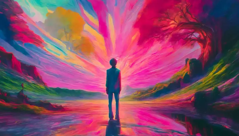 A lone figure stands in a vibrant, surreal landscape. The sky explodes with color, reflecting in the water below. This surrealism art captures the essence of nature transformed.