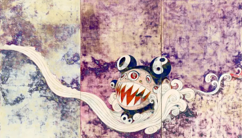 A cartoonish creature with sharp teeth and yin-yang eyes, set against a textured, purple and yellow background, embodies pop art characteristics with its bold imagery and vibrant colors.
