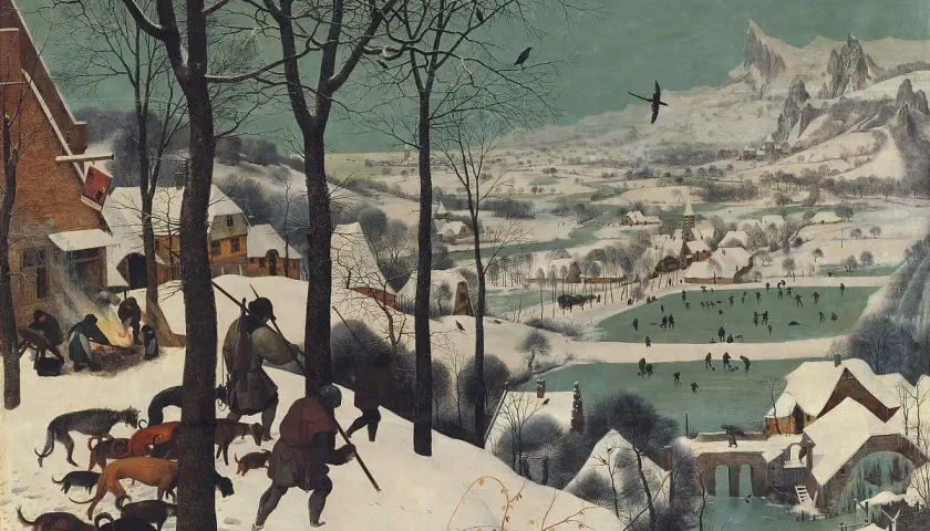 The hunters in the snow return to a village, their dogs leading the way. A frozen pond bustles with skaters in the distance.