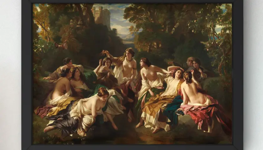 A group of nymphs relax by a stream in a lush forest, a castle visible in the background, in this painting by Franz Xaver Winterhalter.