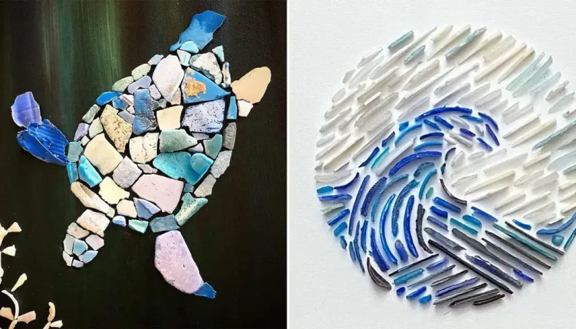 Found object art: a mosaic turtle on a dark background and a circular wave made of broken glass pieces.