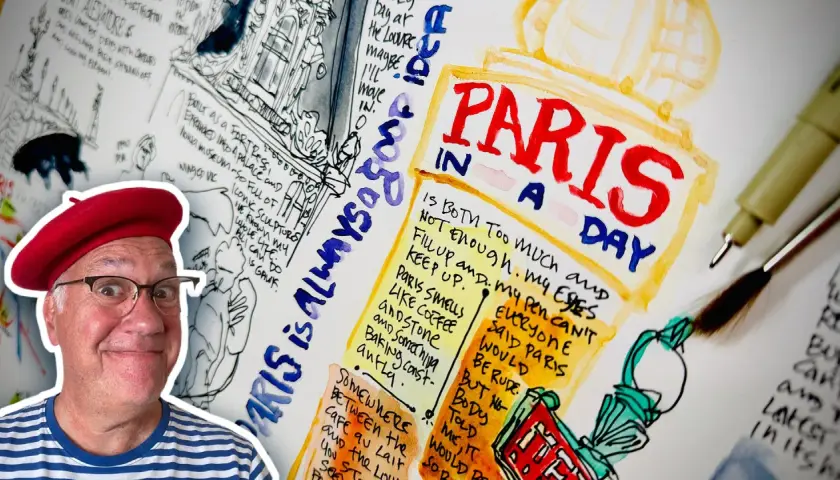 A man in a red beret smiles, surrounded by sketches of Paris. Early drawings like these were vital for documenting and understanding the world, showing why was drawing so important early on in history.
