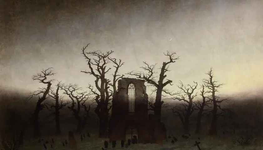 A graveyard with skeletal trees and a ruined abbey, bathed in an eerie twilight. This is a prime example of gothic romanticism art, evoking a sense of melancholy and the sublime.