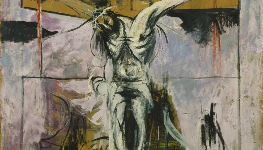 A stark, expressive holy week art painting depicts a crucified figure with raw brushstrokes and a crown of thorns.