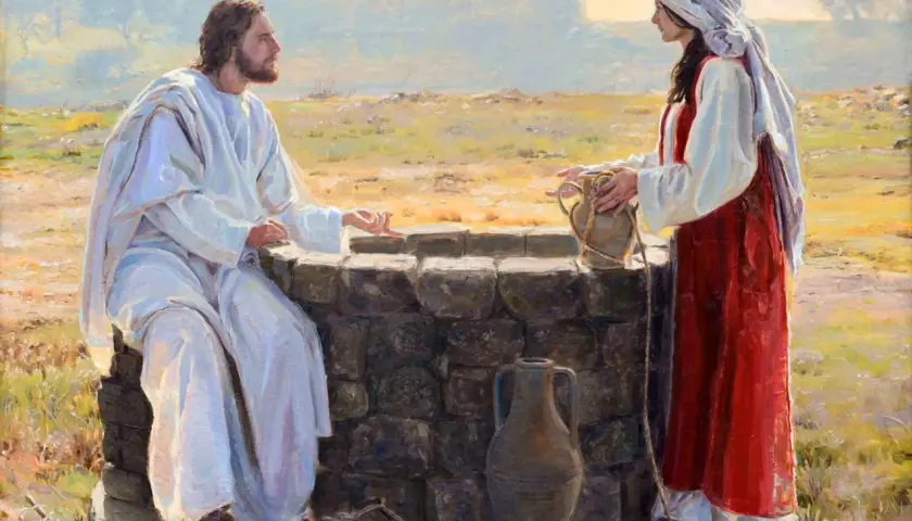 Jesus speaks to a woman at a well in this art. She holds a water jug, and he gestures as they converse.