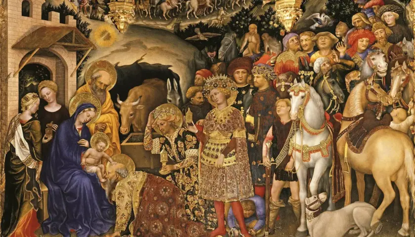 A famous medieval art piece depicting the Adoration of the Magi. Mary holds baby Jesus, with Joseph and onlookers present. Kings offer gifts, surrounded by horses and a dog.