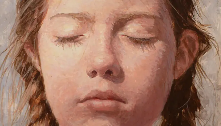 Close-up portrait of a young girl with closed eyes, rendered in delicate egg tempera paint, her braided hair framing her serene face.