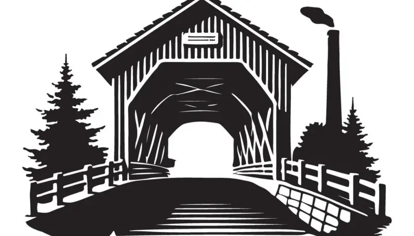 A stark black and white drawing of a covered bridge, with trees and a smokestack.