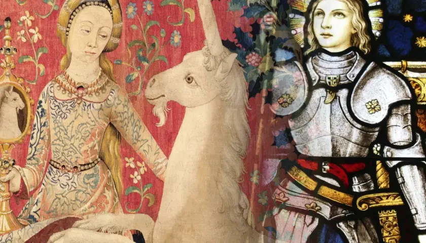 A tapestry depicts a woman with a unicorn in captivity, juxtaposed with a stained-glass image of a knight.