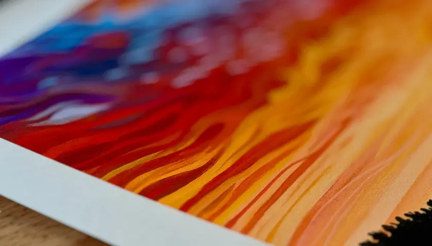 Close-up of a vibrant giclee print, showcasing fiery reds, oranges, and blues in abstract, flowing strokes.
