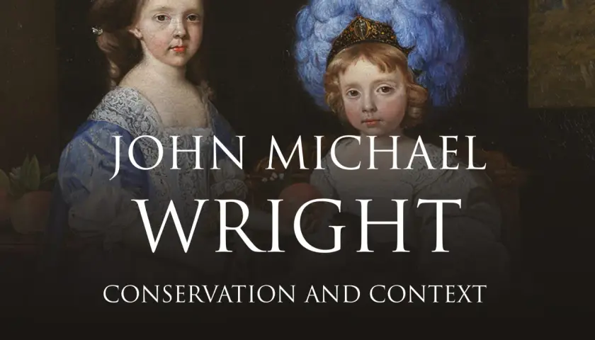 Two children in elaborate 17th-century attire are depicted in a painting titled "John Michael Wright: Conservation and Context.