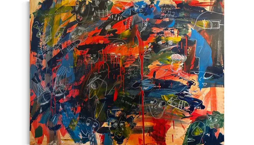 A chaotic canvas of modern expressionism art, featuring bold strokes of red, blue, and yellow, with scribbled figures and phrases like "HELP" and "I want to escape.