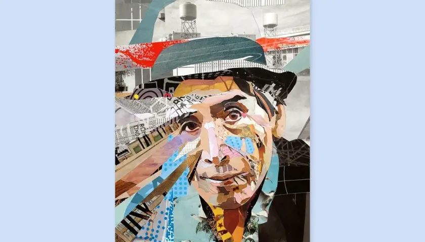 A collage of paintings forms a portrait of a man in a hat, with cityscapes and abstract shapes in the background.