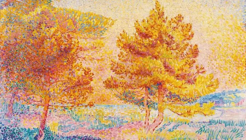 A sun-drenched landscape by pointillism artists, featuring golden trees and a figure resting beneath one, rendered in vibrant dots of color.