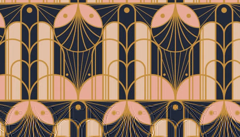 A repeating pattern of stylized fan shapes and arches in gold, pink, and navy blue, embodying the geometric elegance of art deco design.