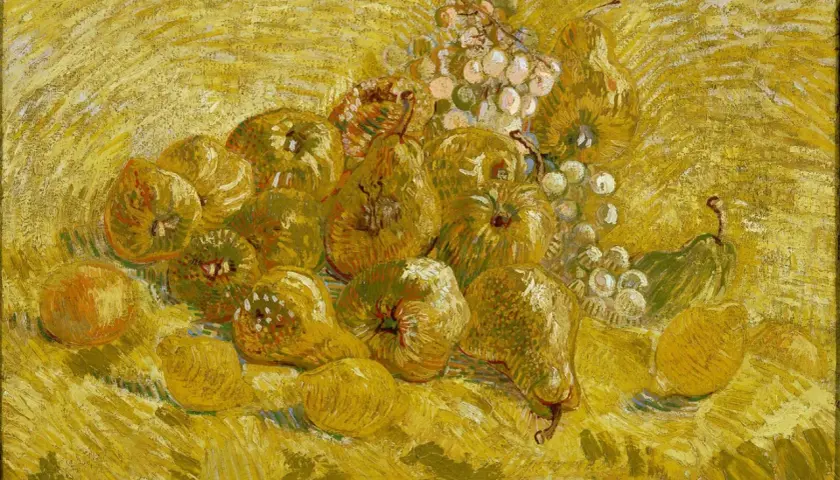 A still life of pears, apples, lemons, and grapes, rendered in vibrant yellow hues, showcasing the artist's mastery of famous yellow paintings.