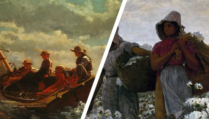 Two scenes of American realism art: boys in a boat under a cloudy sky, and a woman picking cotton.
