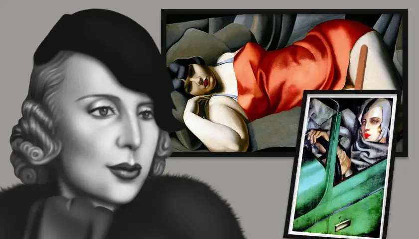 A portrait of Kizette de Lempicka in a black hat and fur coat, with two of her iconic paintings displayed behind her.