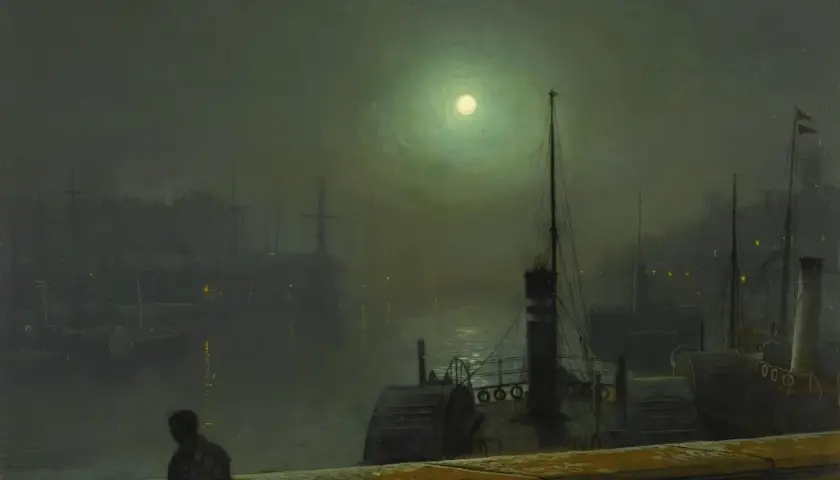 A solitary figure gazes at a moonlit harbor, a signature John Atkinson Grimshaw scene. Ships and gaslights shimmer on the water.