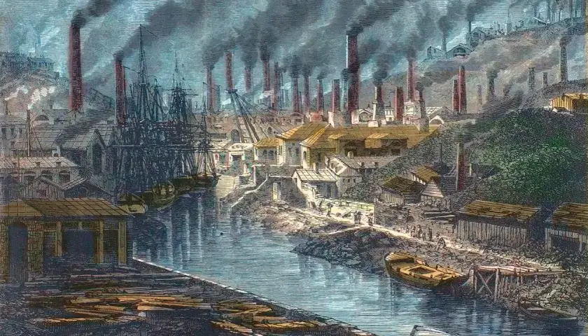 A dramatic industrial revolution painting depicts a bustling port with tall ships, factories, and smokestacks billowing dark clouds.