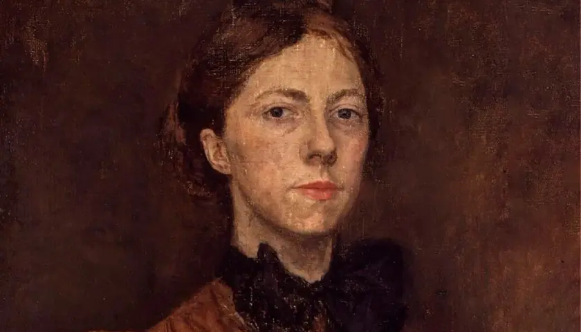 A portrait by Gwen John, featuring a woman with auburn hair pulled back, wearing a dark ruffled collar and an orange dress.