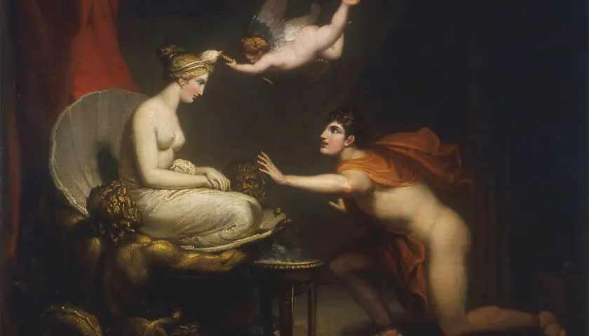 Pygmalion, captivated by his creation, reaches for Galatea as Cupid blesses their union.