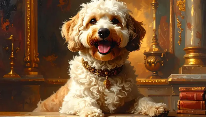 A fluffy dog with a jeweled collar, reminiscent of dogs in Renaissance paintings, sits regally amidst opulent gold decor.