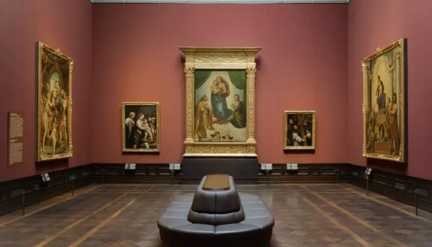 A museum gallery with the Raphael Sistine Madonna as the centerpiece, surrounded by other Renaissance paintings.