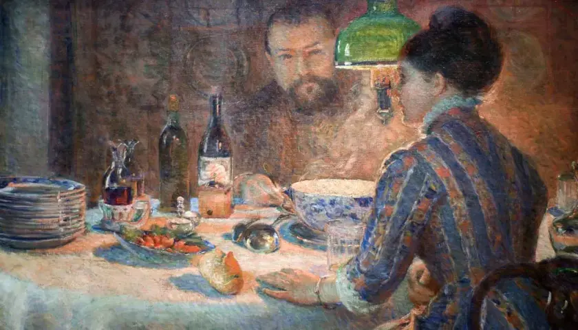A woman in a striped dress sits at a table laden with food and drink, her gaze directed towards a man reflected in the background. This scene captures the essence of Marie Bracquemond's artistic vision.