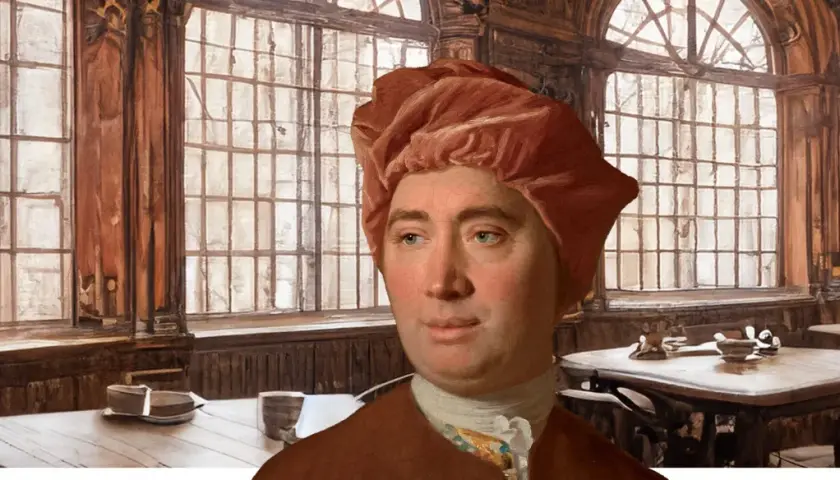 A David Hume portrait shows the philosopher in a red cap and brown coat, seated in a room with large windows and wooden tables.