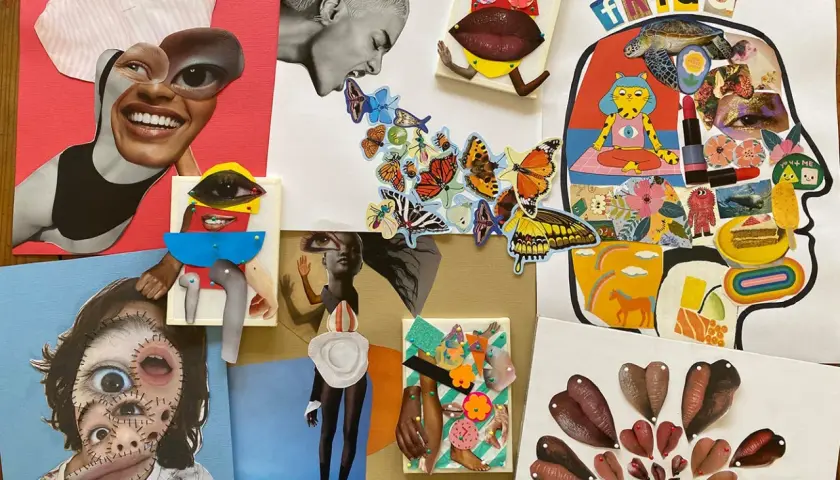 Surreal collage examples featuring fragmented faces, butterflies, and abstract elements.