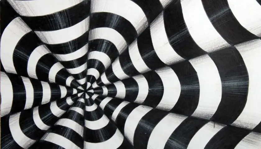 A black and white optical illusions art piece featuring a swirling vortex of curved stripes that create a sense of depth and movement.