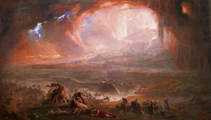 John Martin painter's dramatic vision of the Last Judgment, with a city engulfed in fiery clouds and a chaotic sea below.