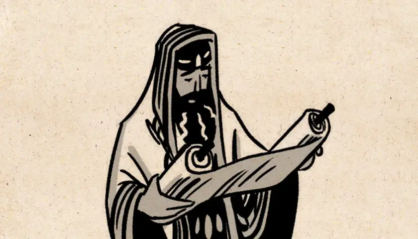 Old Testament biblical art: a bearded man in a hooded robe unrolls a scroll, perhaps a prophet or scribe.