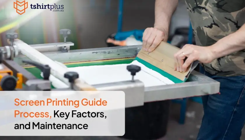 A person demonstrates how to screenprint, using a squeegee to apply ink on a screen. This image is part of a guide on the screen printing process.