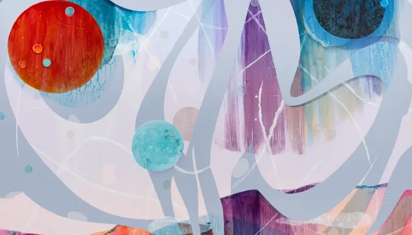 Abstract painting with a red circle, a turquoise circle, and purple and blue streaks, evoking a cosmic dance like Venus and Mars.