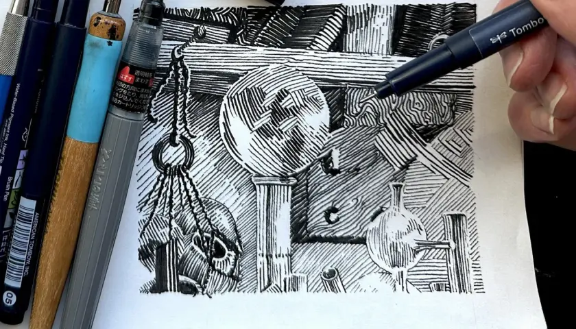A hand uses a Tombow pen to add detail to a still life drawing, showcasing various pen and ink techniques like cross-hatching and parallel lines.