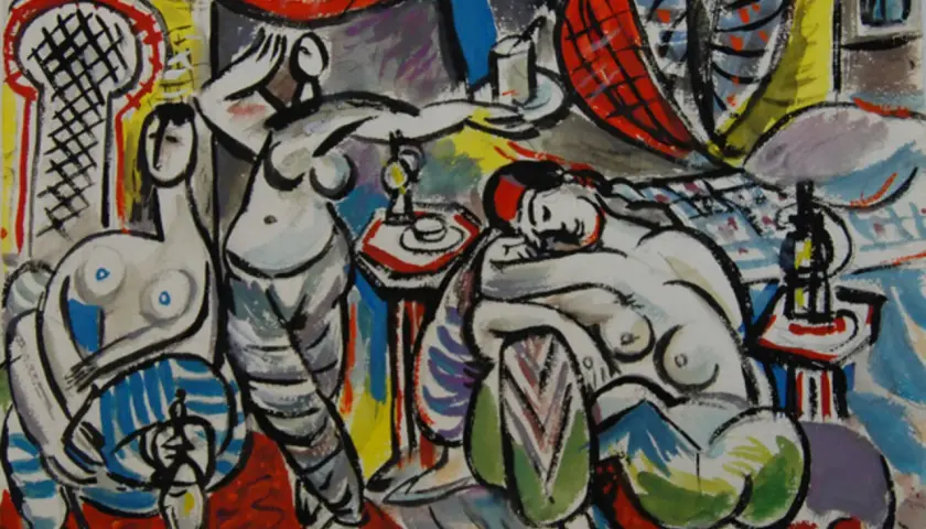 A vibrant, cubist-inspired scene depicting "Les femmes d'Alger" with figures in a richly decorated interior, possibly a harem.