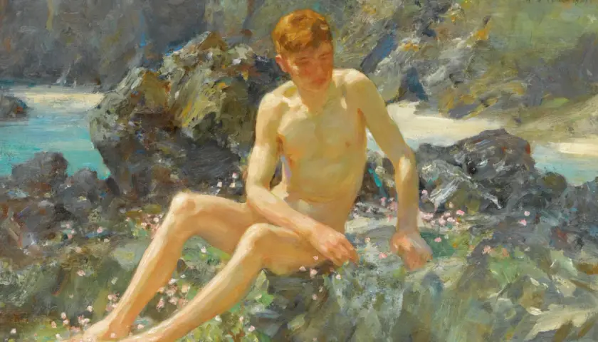 A young man with red hair sits on rocks by the sea, a characteristic subject in Henry Scott Tuke paintings, bathed in sunlight.